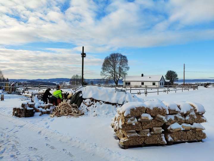 Vedsekker stablet på gårdstunet om vinteren